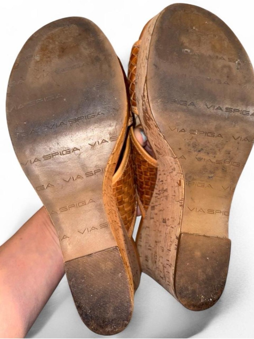 Via Spiga Tan Woven Leather Cork Wedge Sandals - Picture 7 of 7